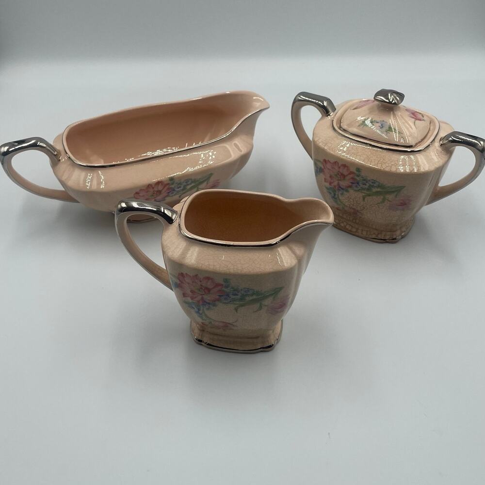 Vintage Quadro Crooksville Sugar Bowl Creamer Gravy Boat Dishes Serveware Pink